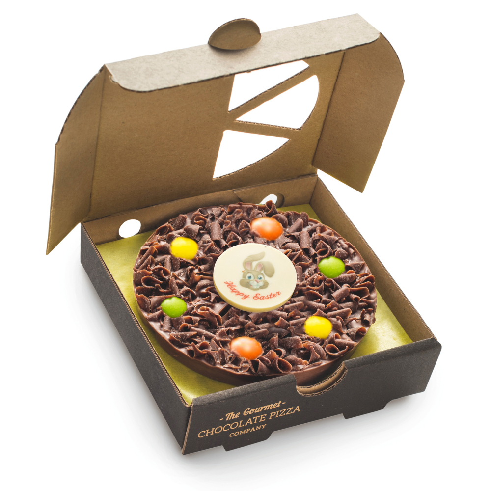 Our 4" Mini Easter Pizza is decorated with candy covered chocolate eggs and a white chocolate Happy Easter plaque with bunny design.
